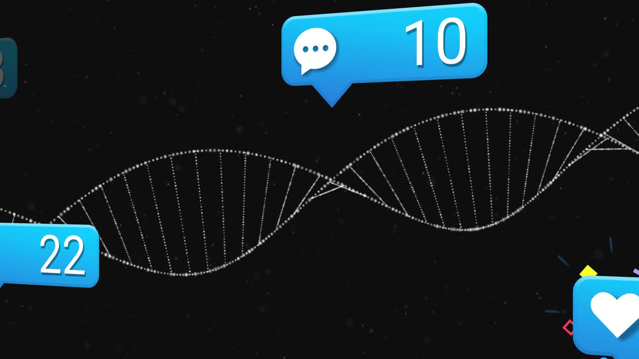 Notification bubbles appearing from starfield, forming dotted helix, moving, visualizing data flow