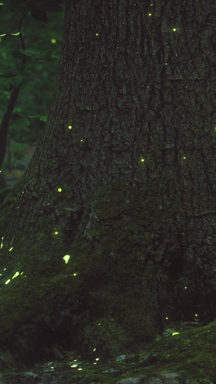 Lucciole brillano nel buio vicino a un albero in una foresta di notte