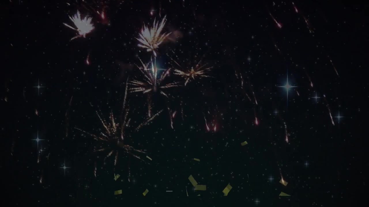 Animation of fireworks and confetti on black background
