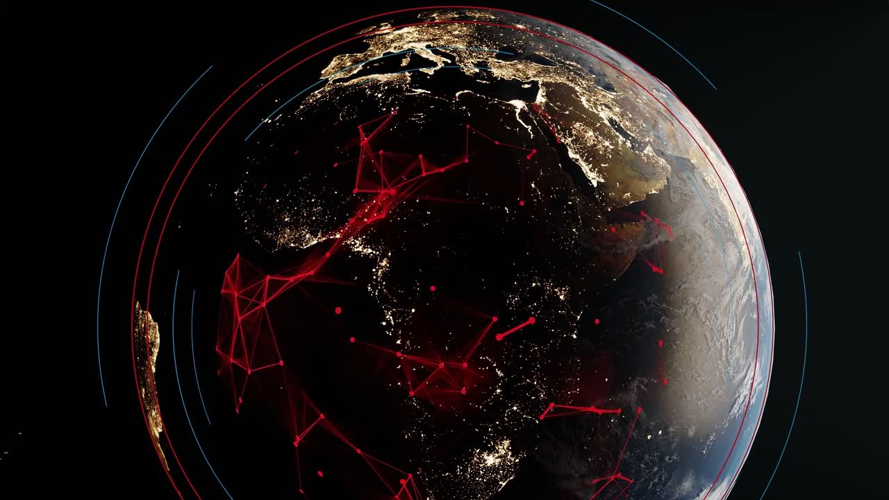 la tierra aparece en la oscuridad, la luz roja emitiendo fuera de la superficie del planeta