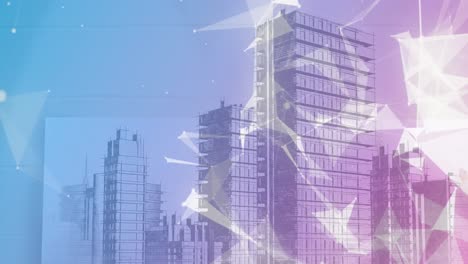 animación de la red de conexiones sobre el paisaje urbano sobre un fondo rosa a azul