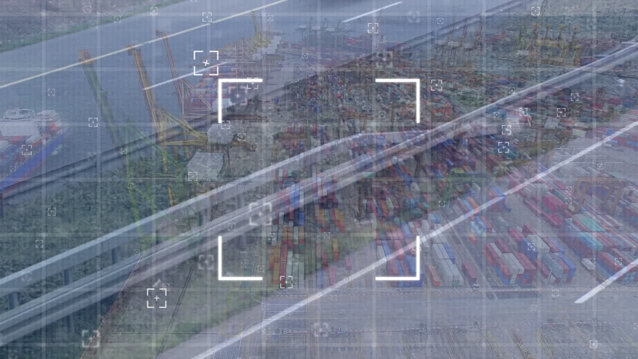 animación del escaneo de alcance y el tráfico por carretera en un puerto y centro de envío ocupados