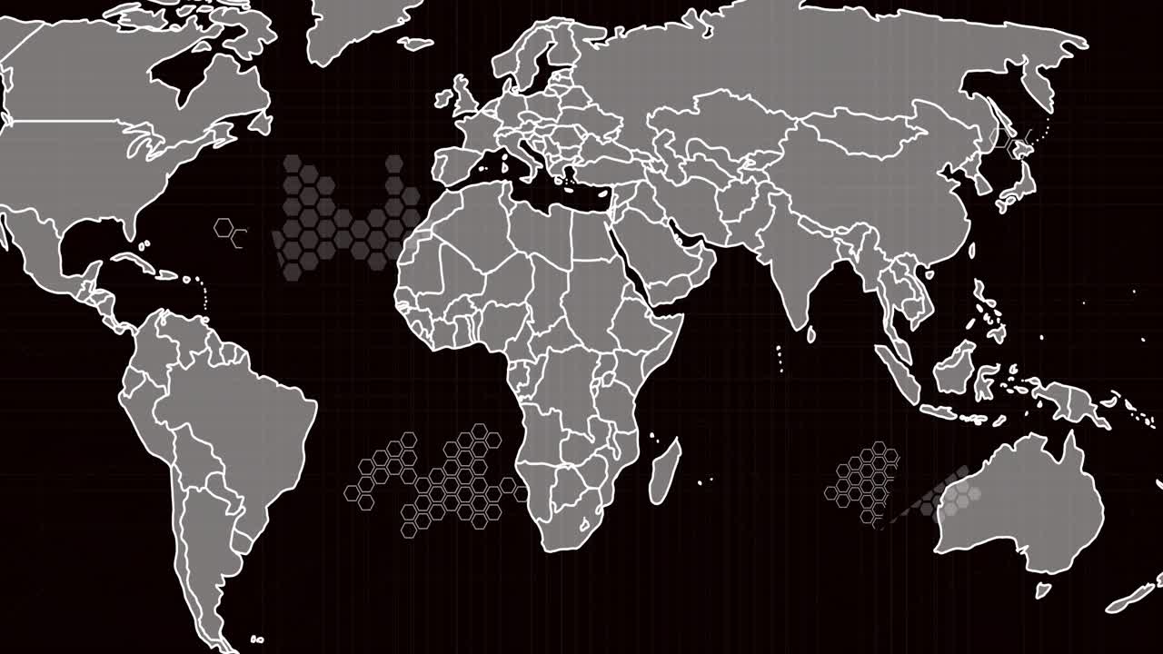 Neon ribbons emerging from western South America tracing arcs across map, showing global data flow