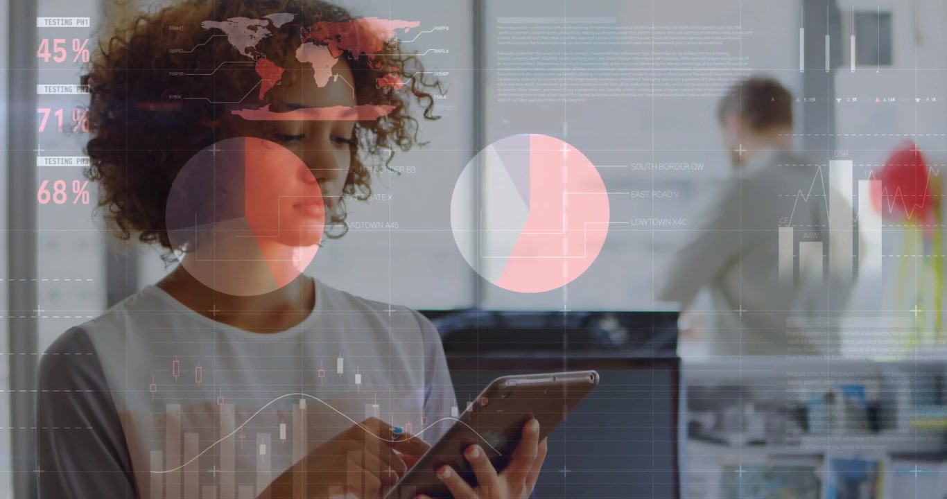 Animation of financial data processing over businesswoman using tablet in office