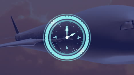 clock animation over airplane in flight