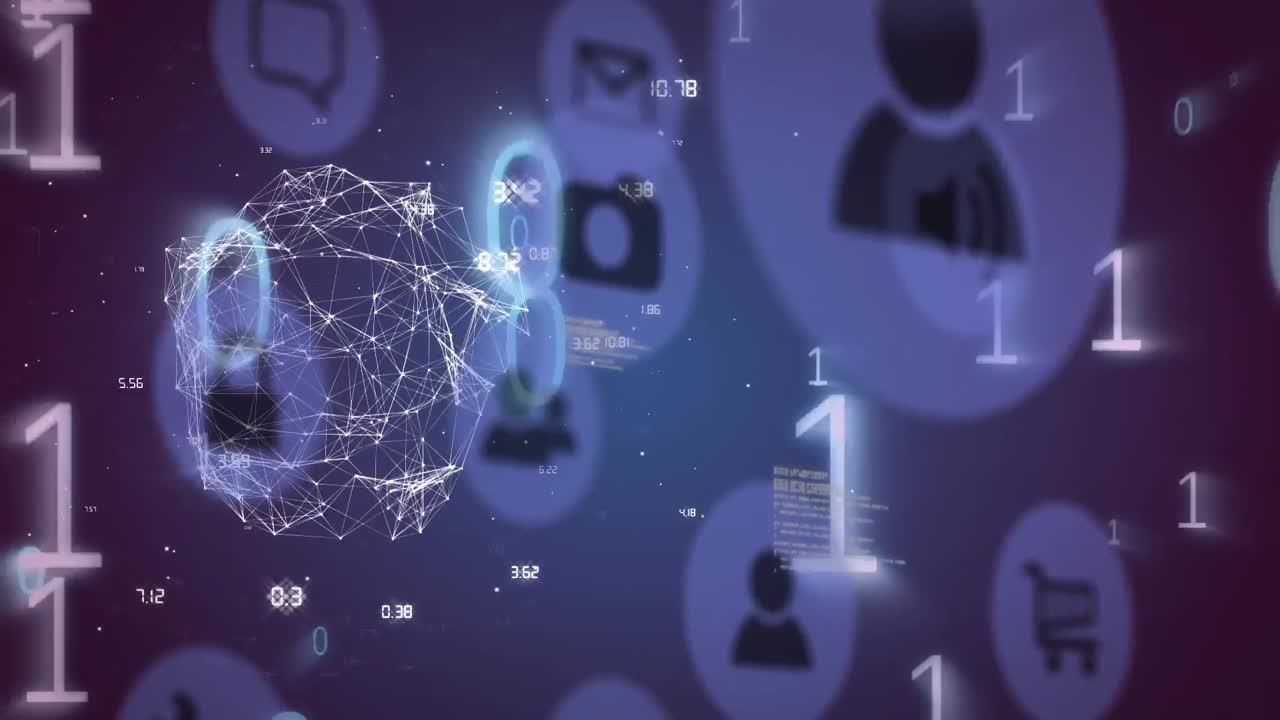 animación de la red de conexiones con iconos en línea y procesamiento de datos de codificación binaria