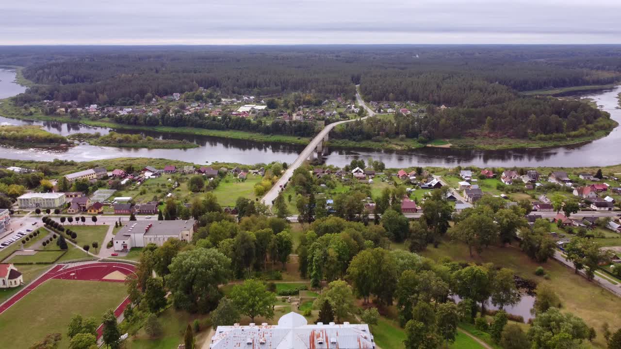 Kraslava township on Daugava river bank, aerial view