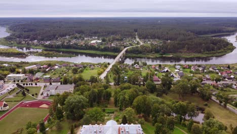 kraslava township on daugava river bank, aerial view