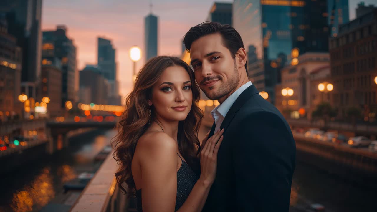 Posing couple leaning on bridge railing and smiling for portrait while sun dipping, dress and suit