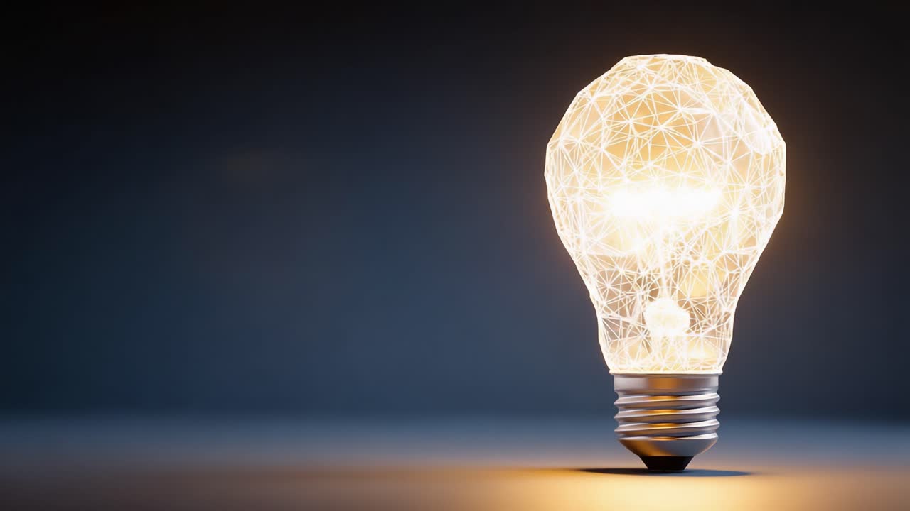 Uno straordinario esempio di innovazione: una lampadina illuminata in wireframe 3D che cattura l'essenza del design e della tecnologia moderni in due fotogrammi.