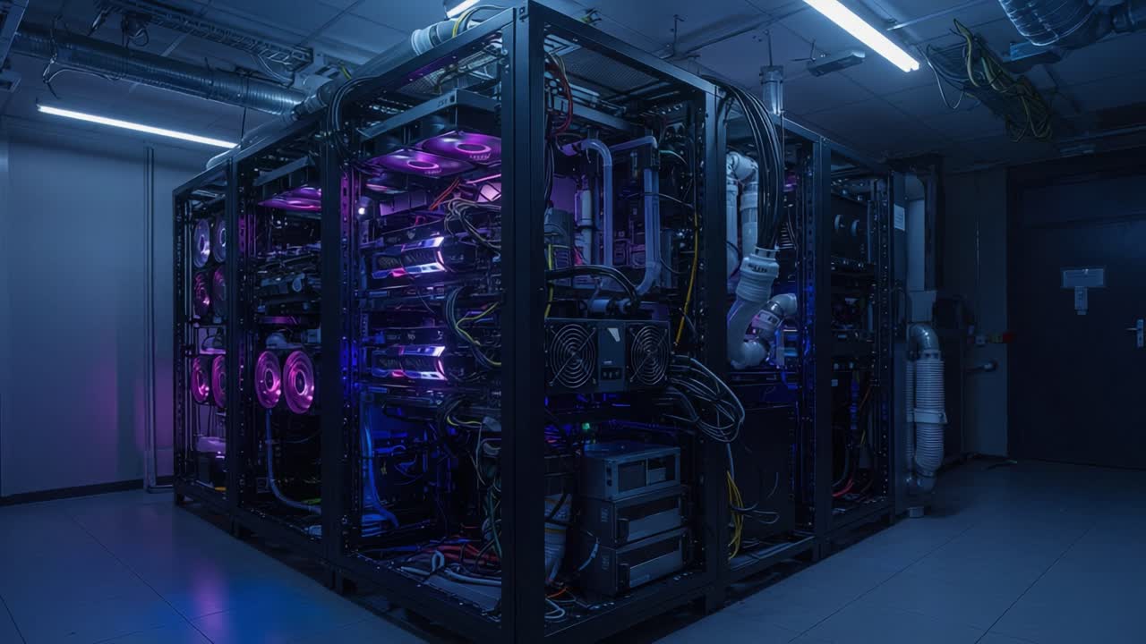 Advanced Data Processing Hub: A Close-Up View of a High-Tech Server Rack with Neon Lights and Intricate Cabling in a Modern Computing Environment