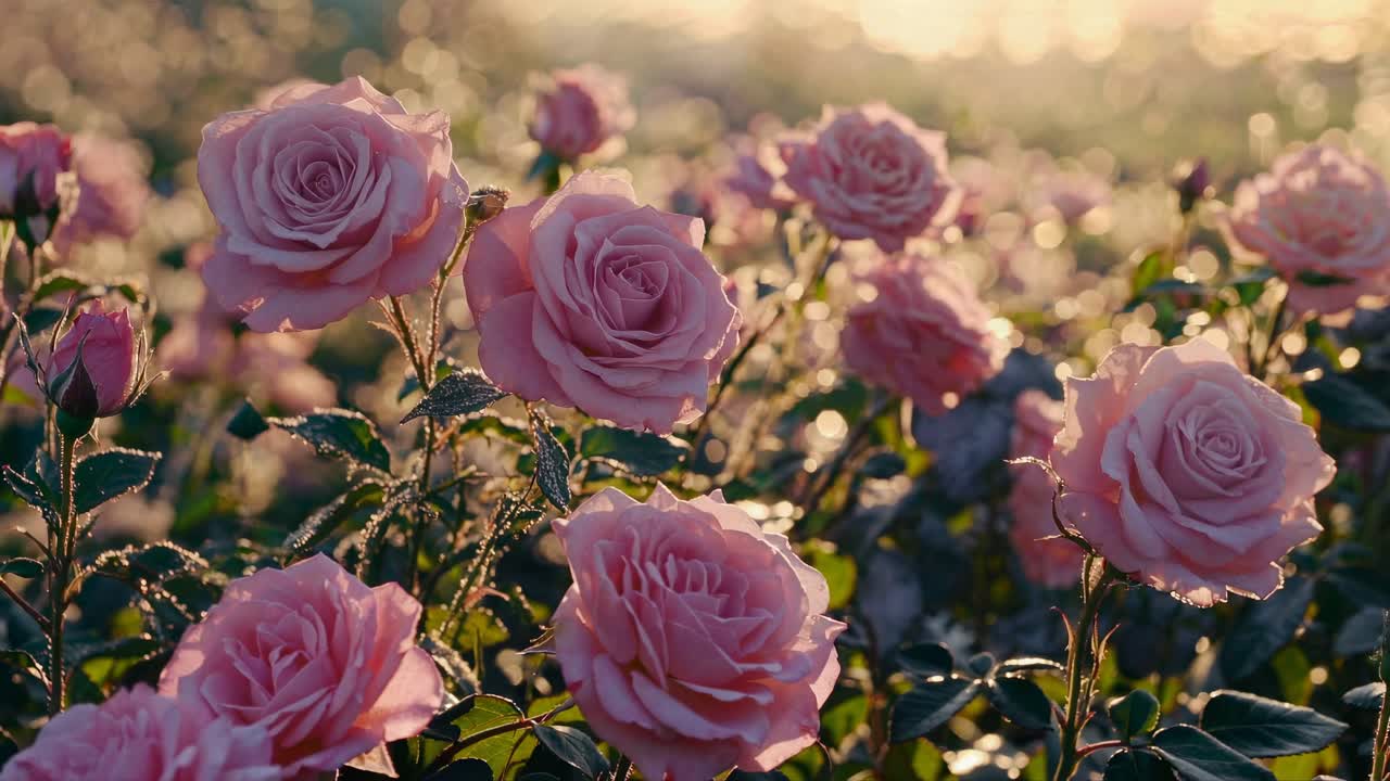 柔らかい日差しの中で、繊細な花びらと豊かな姿を捉えたピンクのバラの夢のようなクローズアップビデオ