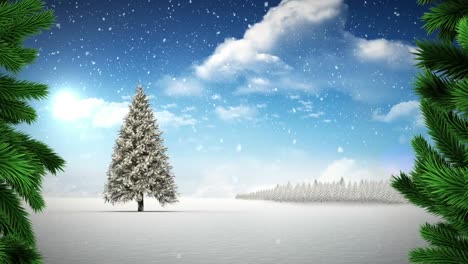 Animación-De-Nieve-Cayendo-Sobre-El-árbol-De-Navidad-En-Un-Paisaje-Invernal.