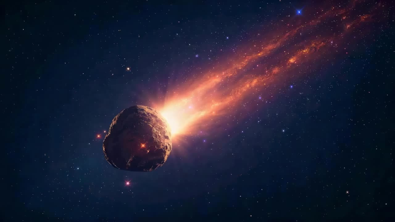 Entering rocky asteroid emitting sparks developing tail in space with stars and nebula, copy space