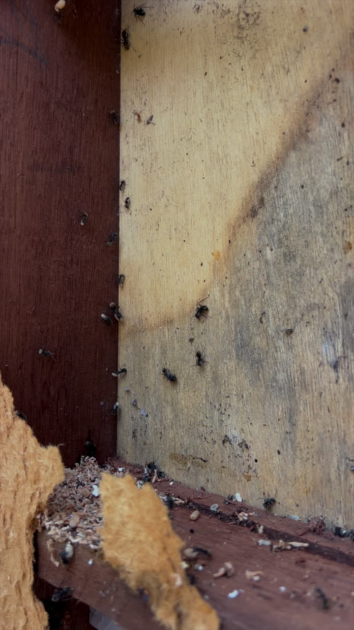 Attività di formiche si diffonde su una parete a telaio in legno aperta mentre le operaie trasportano uova e larve in un primo piano verticale durante la demolizione