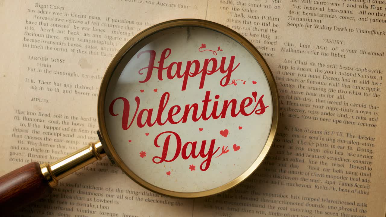 Shifting light causing brass lens magnifying Happy Valentine's Day on paper, handle catching glow