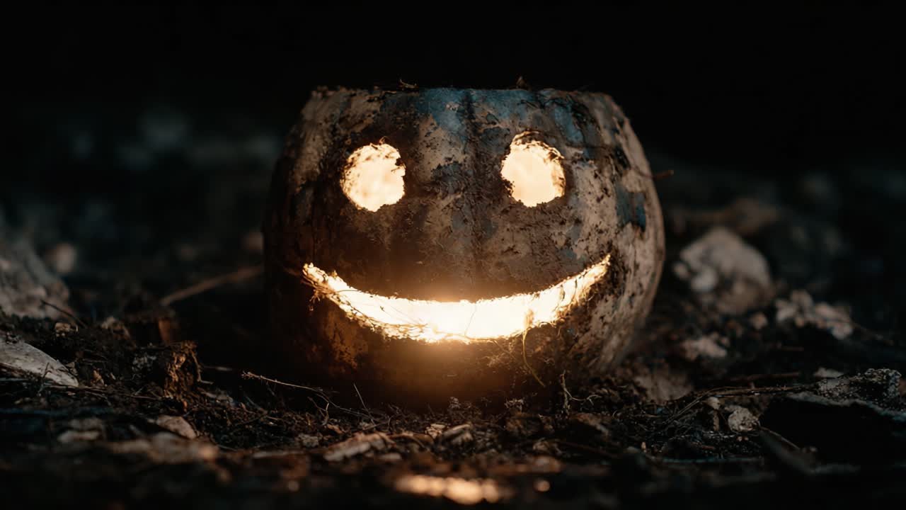 A Unique Glow: A Smiling Jack-O'-Lantern Made from Earthy Materials Emits a Warm Light, Blending Nature and Festivity in an Enchanting Display