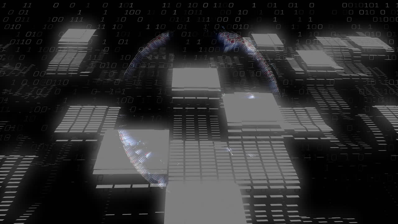 Particle-based digital globe floating amid glowing panels and drifting binary code, 3D render