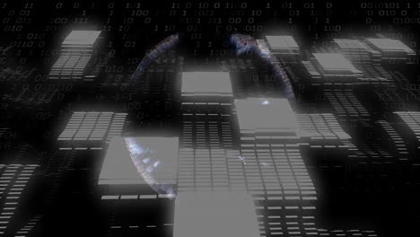 particle-based digital globe floating amid glowing panels and drifting binary code, 3d render