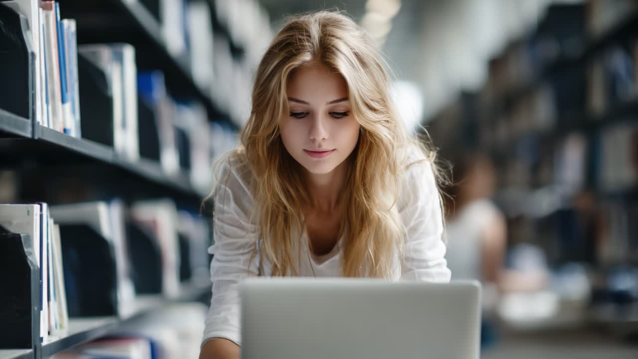 Focused Young Woman Working on Laptop in a Library Surrounded by Bookshelves, Immersed in Study and Learning Environment