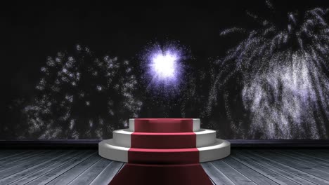 Animation-of-white-fireworks-over-steps-at-red-carpet-venue,-on-black-background