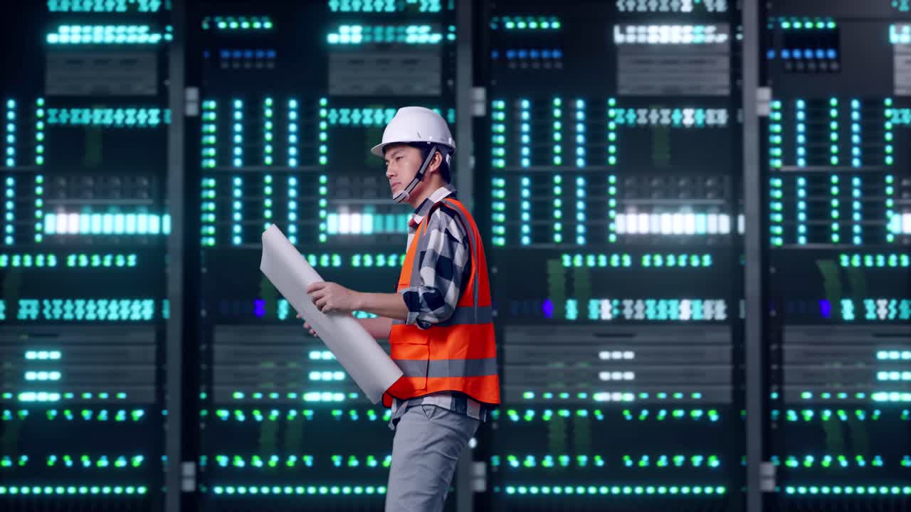 Side View of Asian Male Engineer Looking At Blueprint In His Hands While Walking in Server Room Data Center