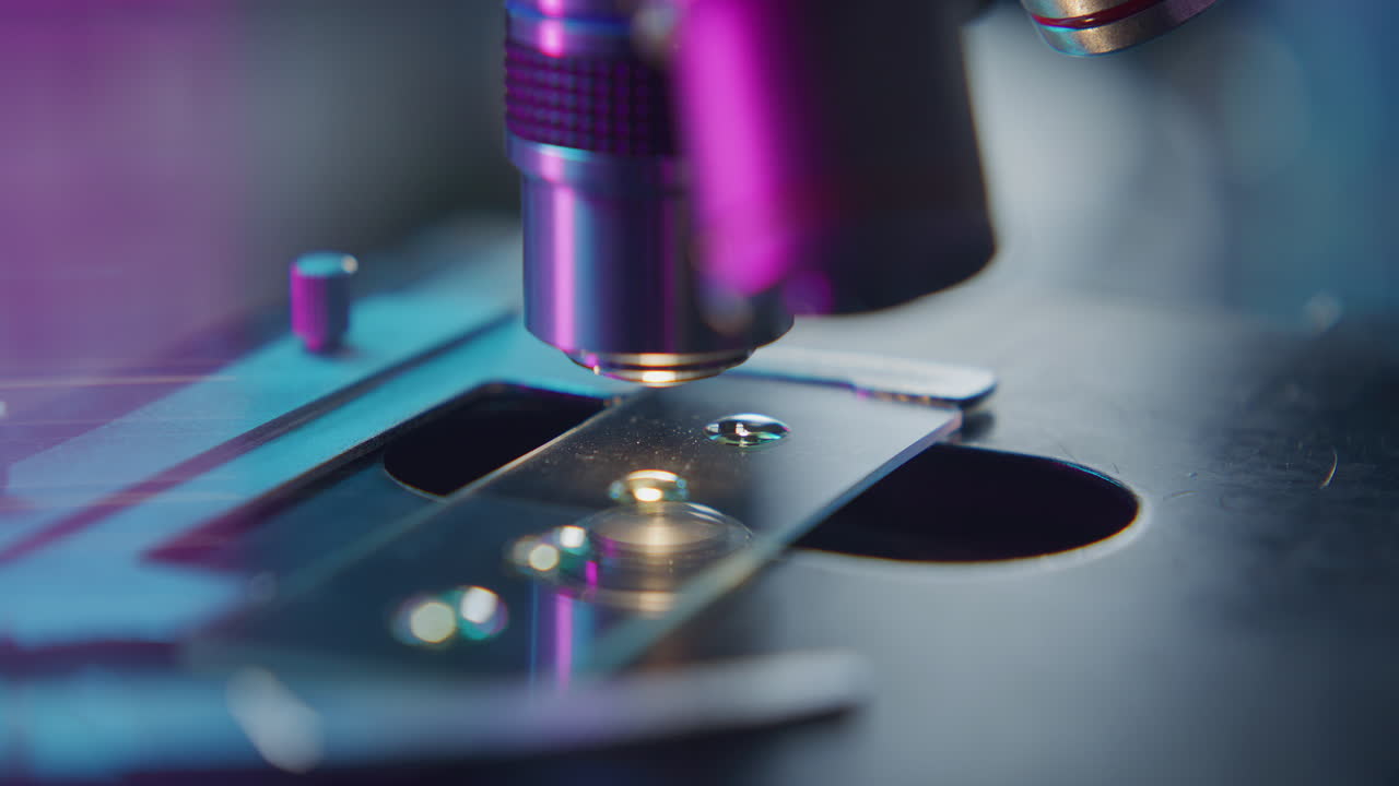 Observing Liquid Samples on Glass Slide under Microscope in Neon-Lit Lab