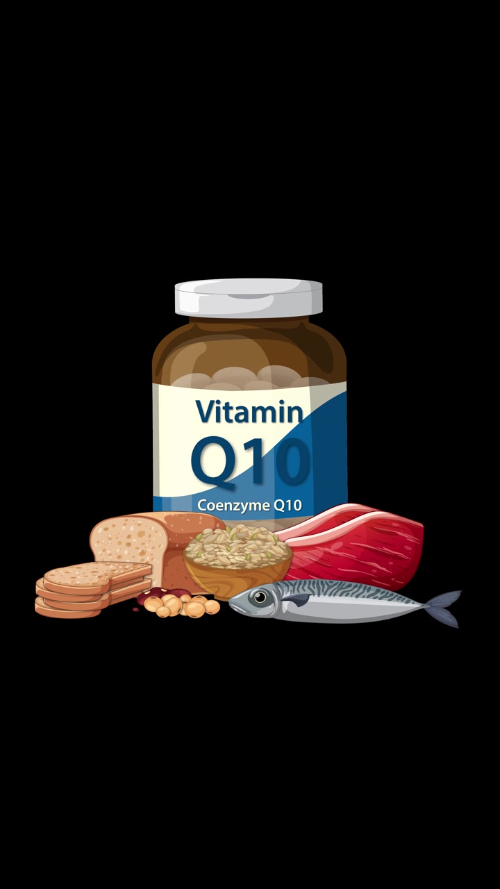 Una bottiglia di Vitamina Q10 appare con pesce, carne, pane, noci; transizione fluida, sfondo scuro, formato verticale.