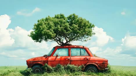a red car with a tree on top of it in a field