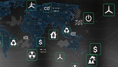 Animation-of-eco-icons-and-data-processing-over-world-map