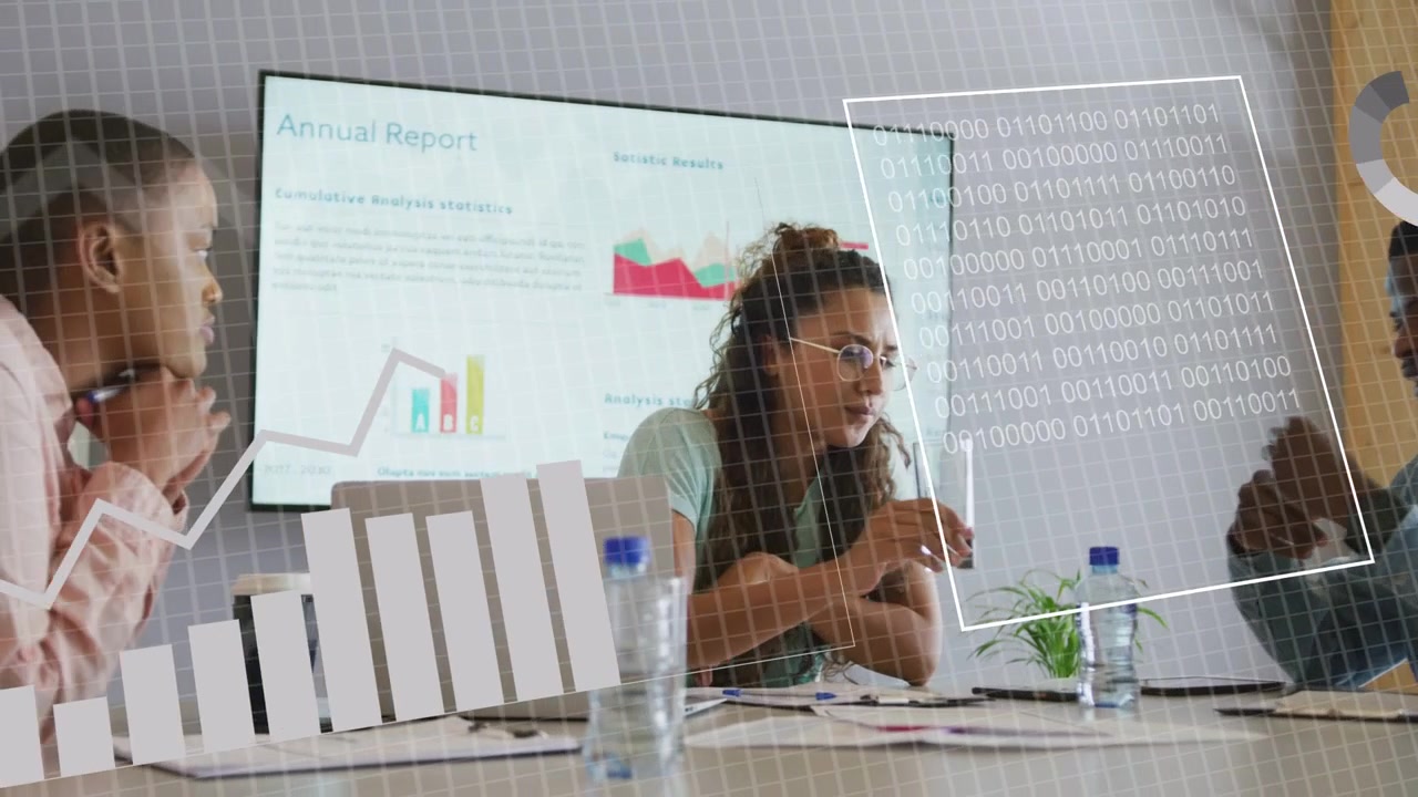 Central woman sipping, typing after right peer gesturing, animated charts overlaying Annual Report