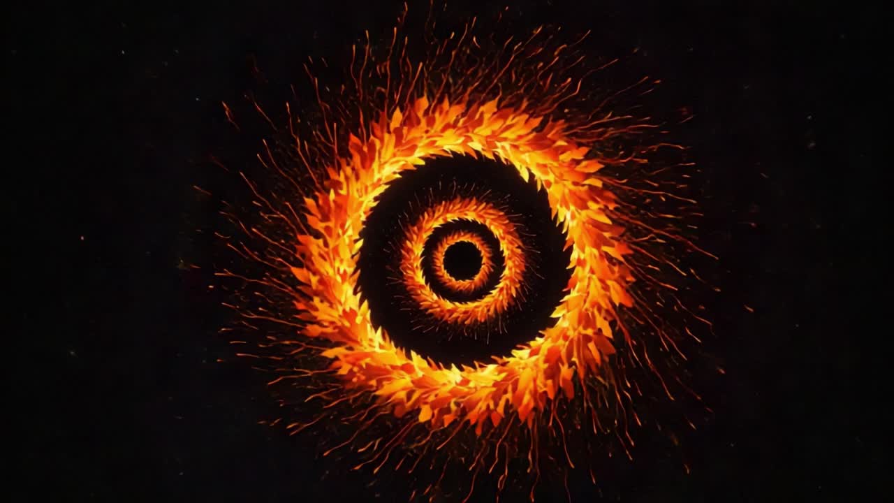 Dynamic Circular Flame Animation: A Mesmeric Spiral of Fiery Sparks and Vibrant Leaves Spinning Amidst a Dark Background, Creating an Engaging Visually Striking Experience