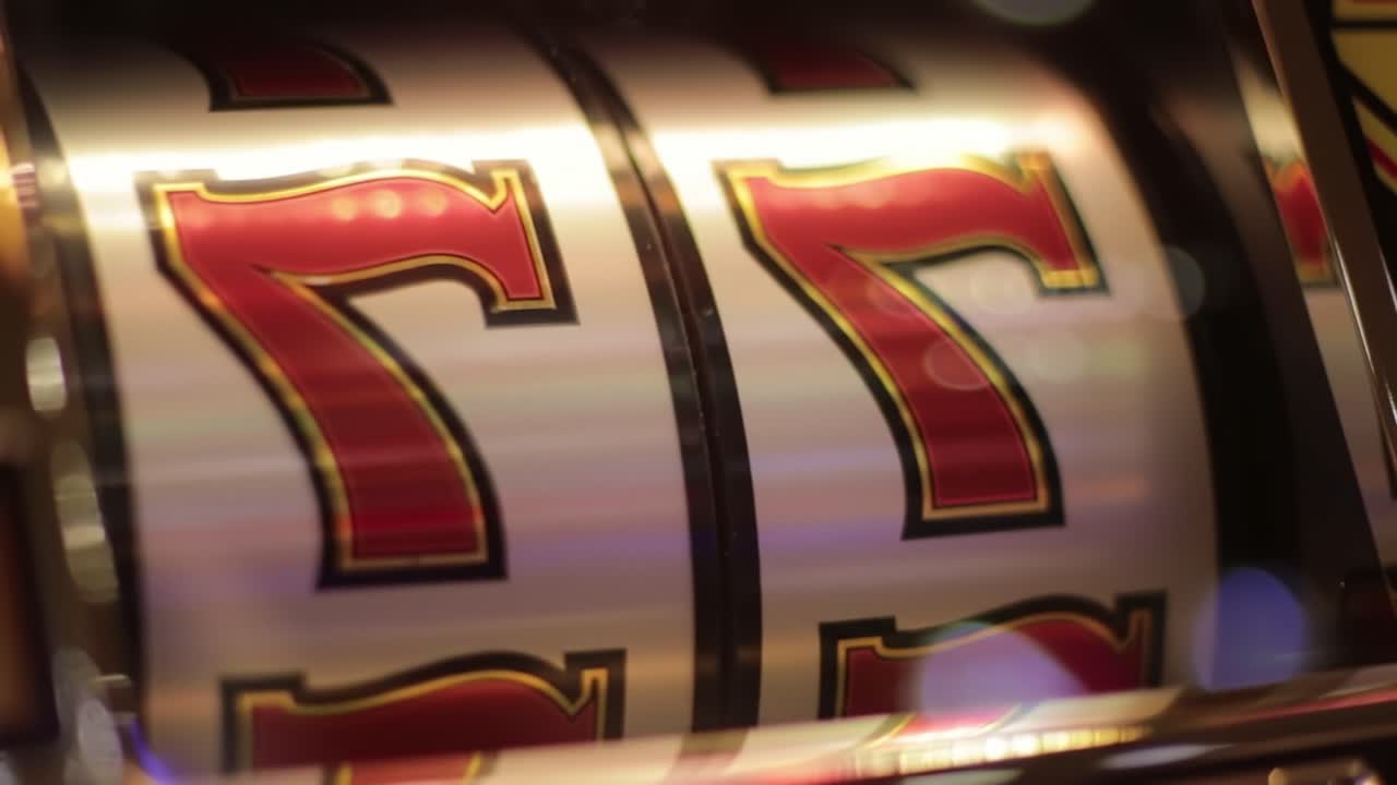 Avvincente primo piano dei rulli di una slot machine con iconici sette fortunati, simbolo di entusiasmo e attesa in un gioco d'azzardo