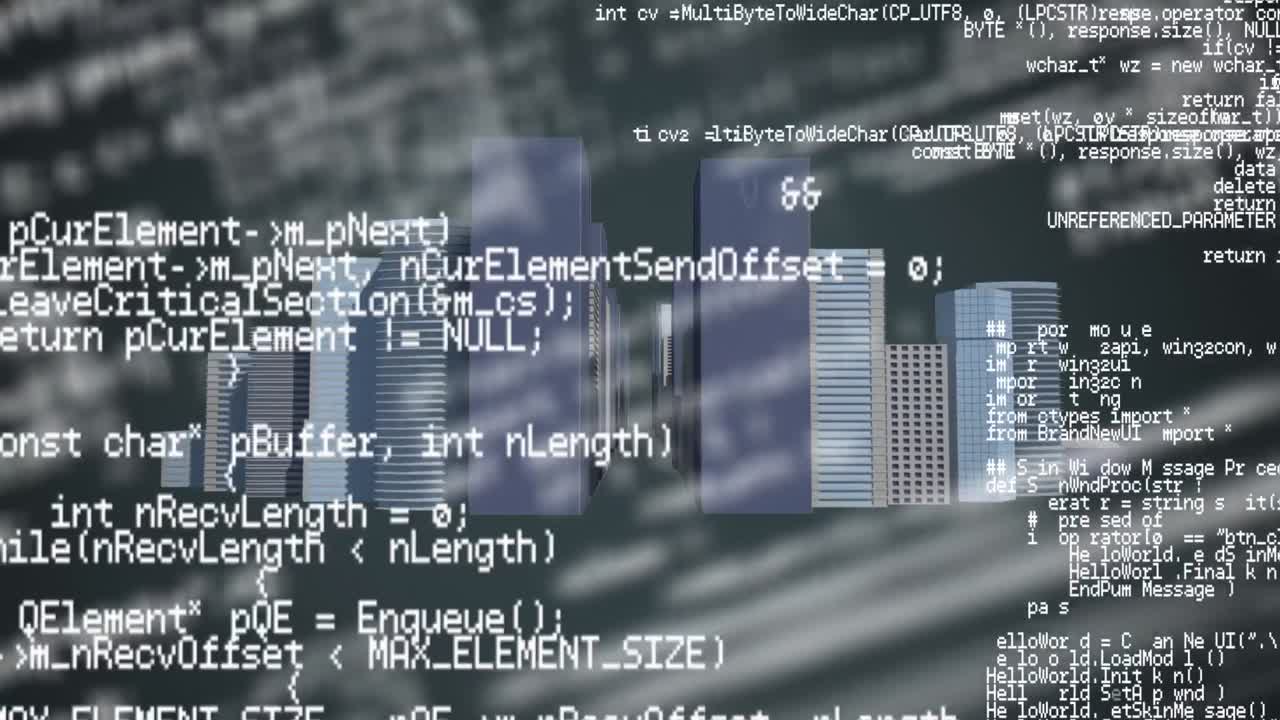 검은 바탕에 회색과  ⁇ 색으로 도시에 대한 정보 및 건축 그림의 애니메이션