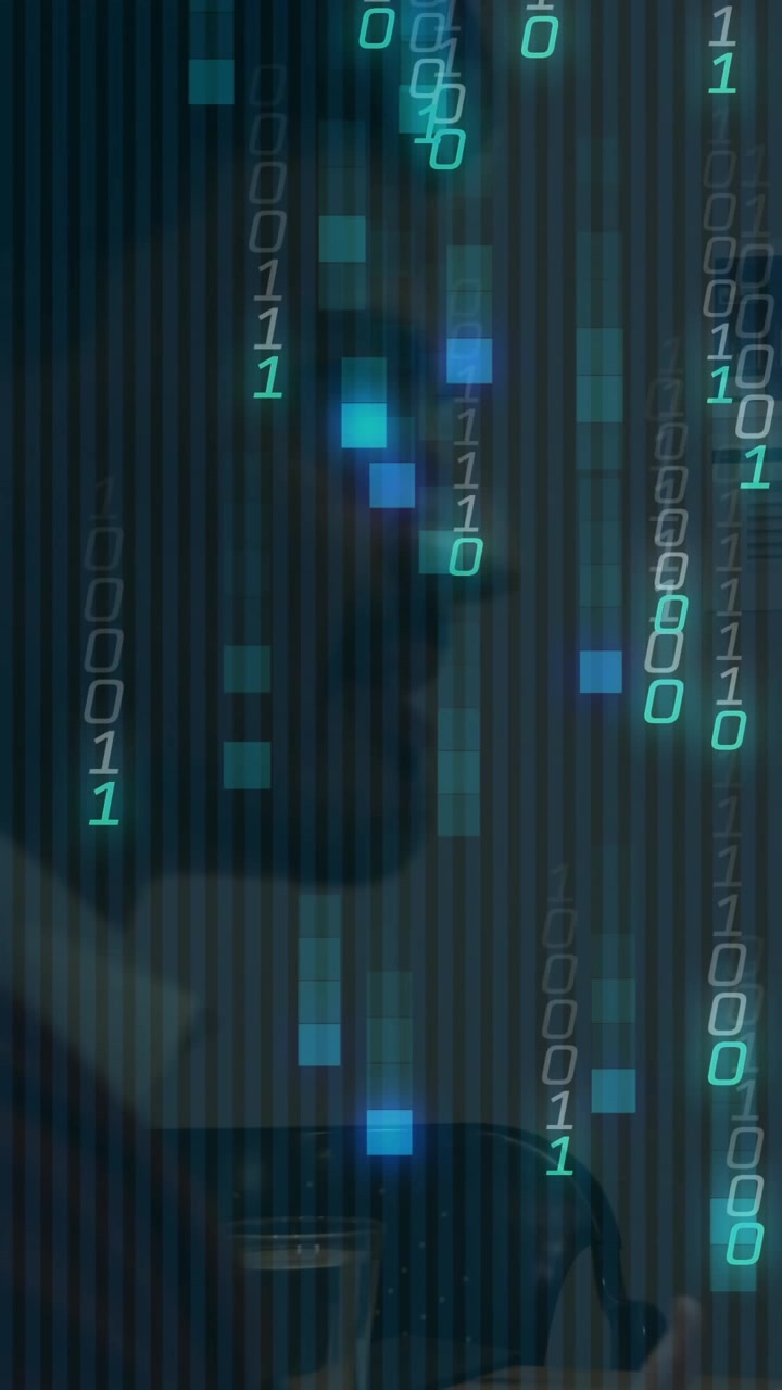 Vertical video: Man tapping phone in tech demo, viewing data while binary glyphs passing over face
