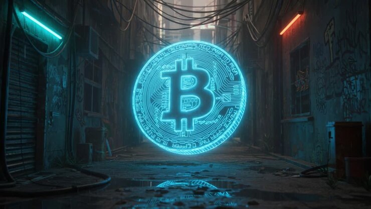 Un simbolo Bitcoin luminoso che illumina un vicolo scarsamente illuminato, a rappresentare l'intersezione tra valuta digitale ed estetica urbana in un ambiente futuristico