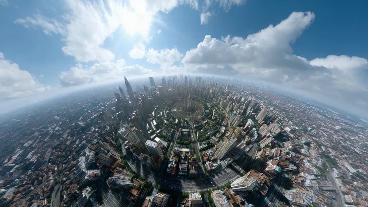 Vista aerea di un paesaggio urbano moderno che mette in mostra un'architettura circolare circondata da grattacieli e rigogliosi spazi verdi in un ambiente cittadino dinamico