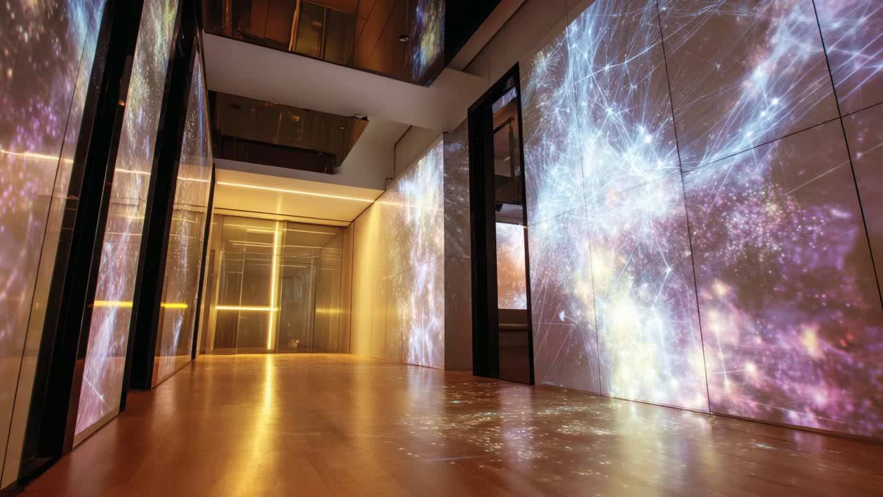 A Stunning Corridor Illuminated by Digital Projections Creating a Mesmerizing Fusion of Light and Color in a Contemporary, High-Tech Interior Space
