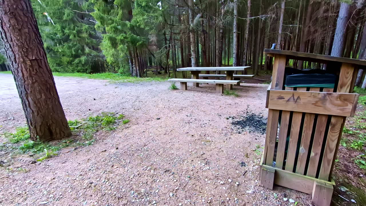 Forest Picnic Area with Wooden Benches and Trash Bin on Gravel Clearing