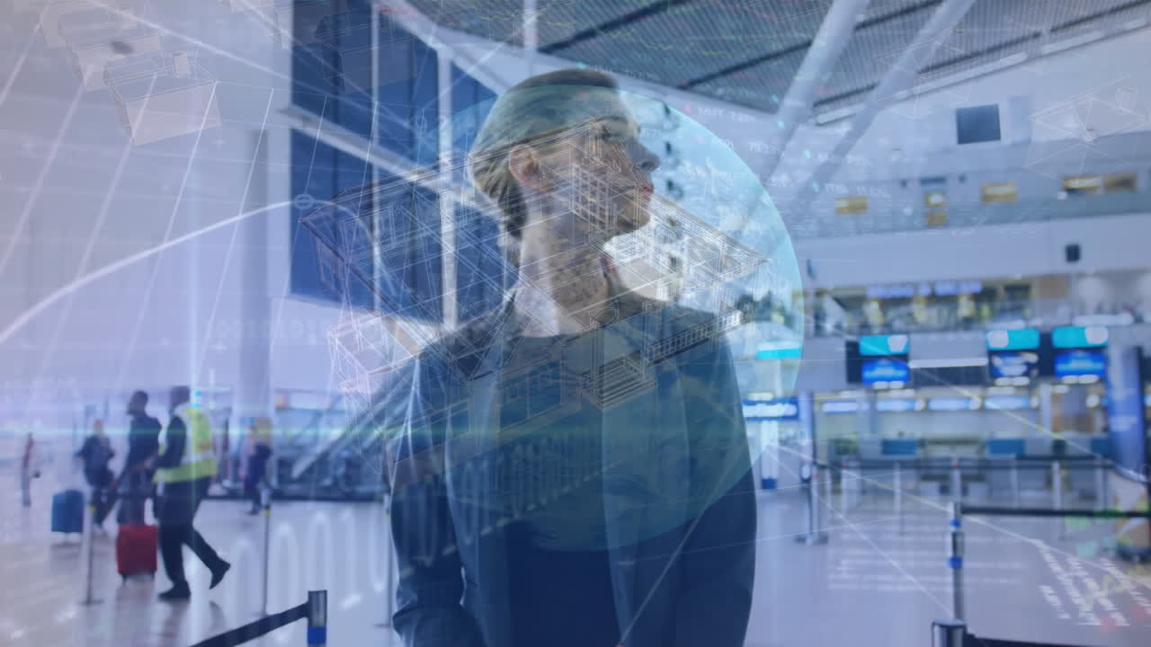 animación del globo, estadísticas y procesamiento de datos sobre diversas personas de negocios en el aeropuerto.