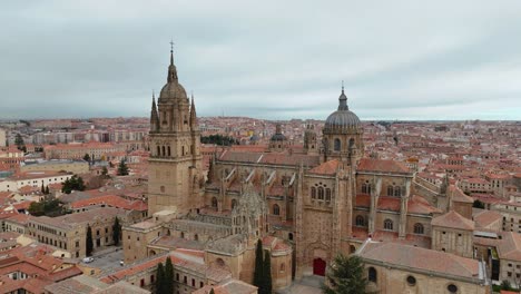 drone video of salamanca spain with new cathedral and buildings