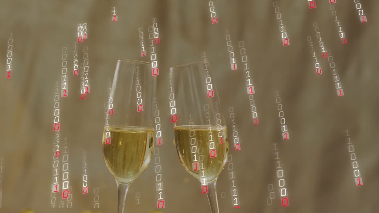 Inizia la pioggia binaria, due flûte di champagne si inclinano e tintinnano, le bollicine salgono, celebrando i dati.