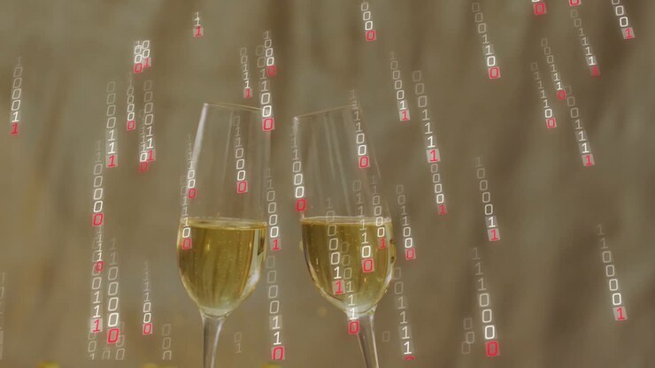 Inizia la pioggia binaria, due flûte di champagne si inclinano e tintinnano, le bollicine salgono, celebrando i dati.