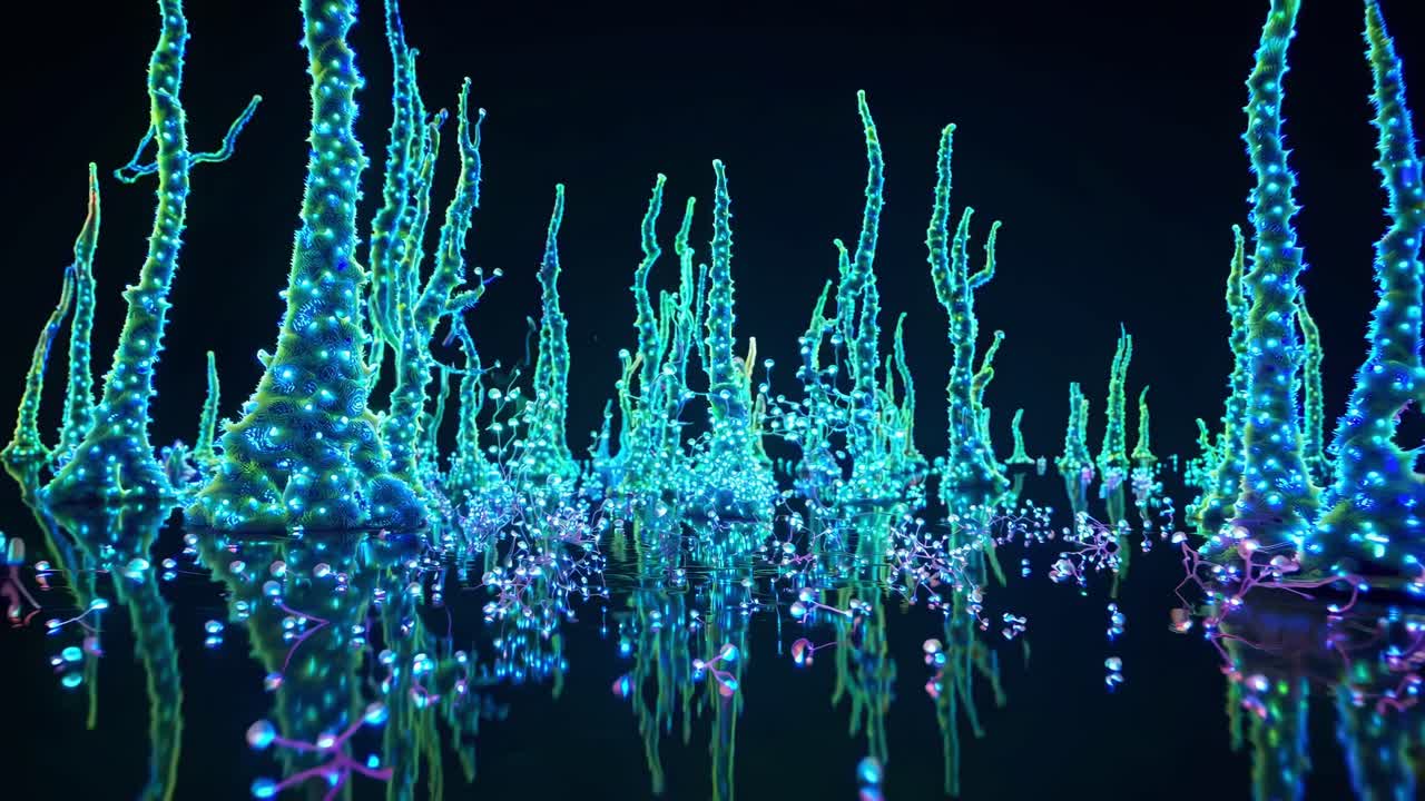 Bioluminescent alien landscape with glowing plants