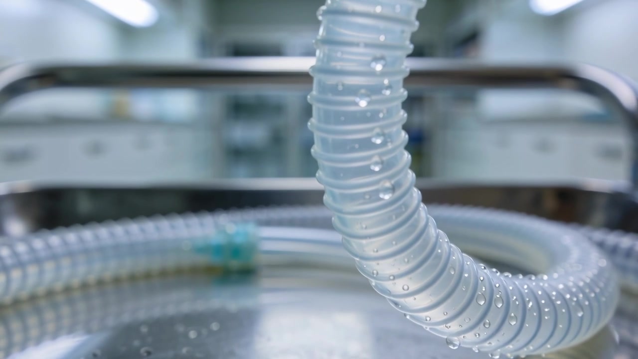 Pulling camera showing corrugated ventilator tube descending at prep area, revealing water beads