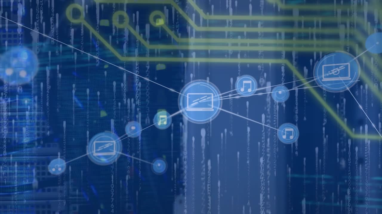 Animation of network of connections with icons over server room