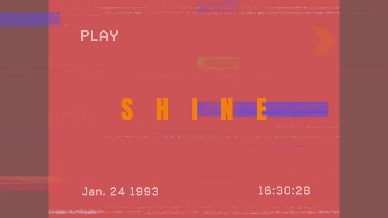 animación de brillo en texto naranja con interferencia de color en la pantalla de reproducción con fondo rojo