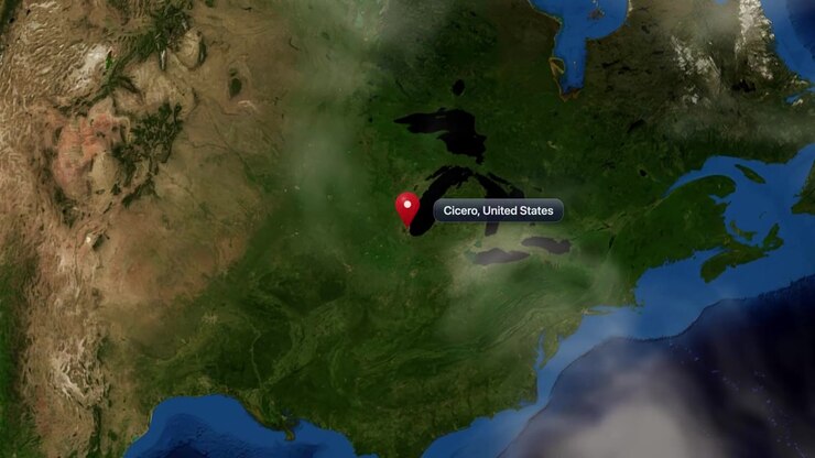 Satellite animation zooming from deep space to a pin drop on Cicero, United States. Includes NASA public domain imagery.