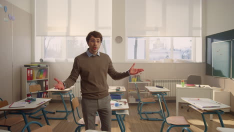 schoolteacher welcoming children. teacher inviting pupils to come in class