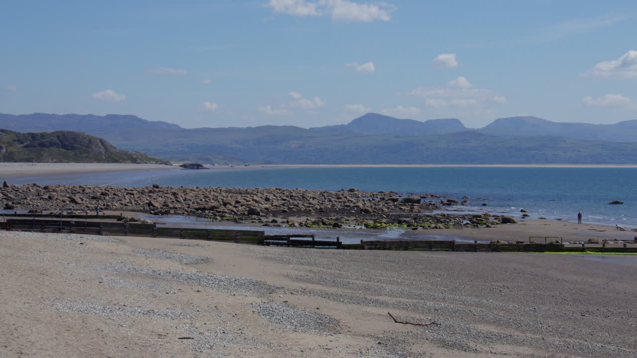 extra wide shot of tremadoc bay at low tide at Criccieth beach